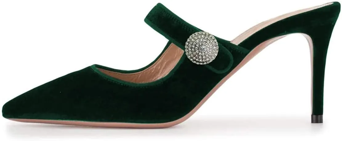FSJ Women Vintage Slip on Pumps Mules Slide Slipper Velvet Pointed Toe High Heel Single Ankle Strap Backless Sandals Ladies Dress Shoes with Studded Rhinestones Button Size 4-15 US