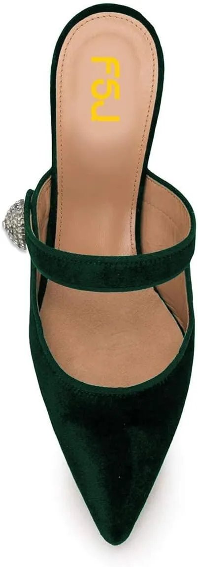 FSJ Women Vintage Slip on Pumps Mules Slide Slipper Velvet Pointed Toe High Heel Single Ankle Strap Backless Sandals Ladies Dress Shoes with Studded Rhinestones Button Size 4-15 US