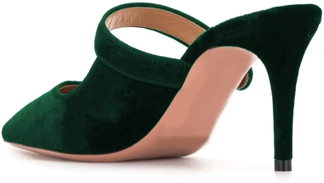 FSJ Women Vintage Slip on Pumps Mules Slide Slipper Velvet Pointed Toe High Heel Single Ankle Strap Backless Sandals Ladies Dress Shoes with Studded Rhinestones Button Size 4-15 US