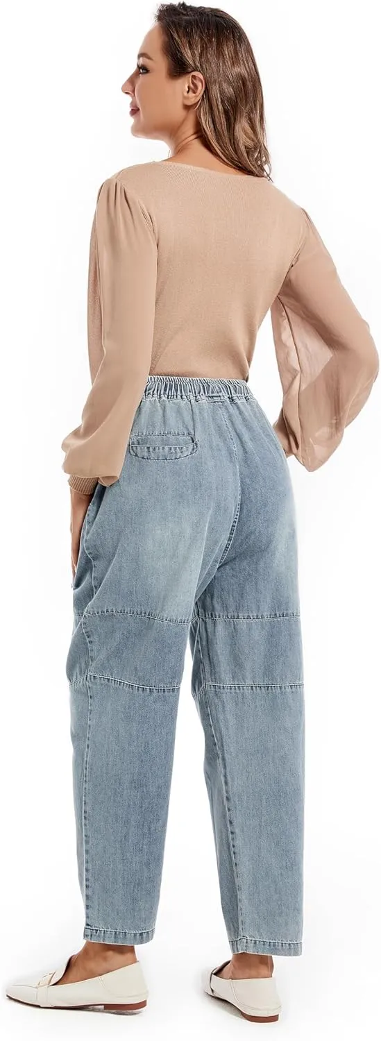 FTCayanz Women's Baggy Jeans Pull On Denim Joggers Elastic Waist Casual Harem Pants with Pockets