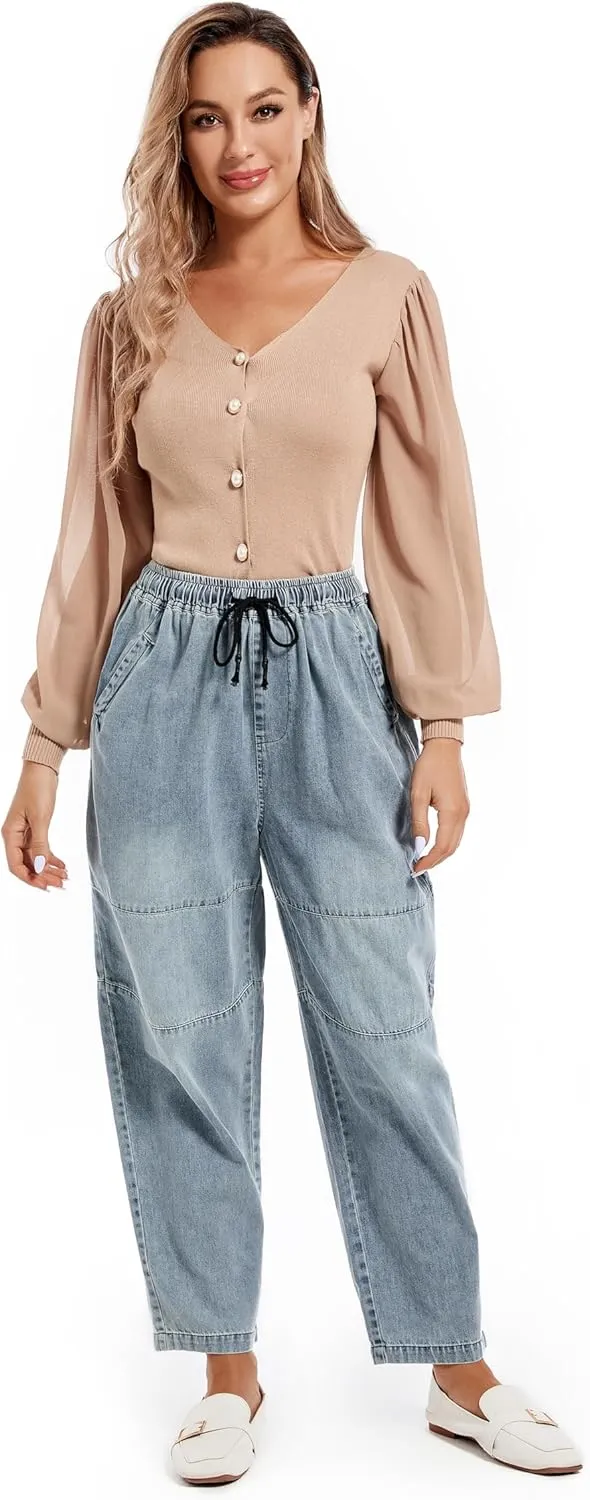 FTCayanz Women's Baggy Jeans Pull On Denim Joggers Elastic Waist Casual Harem Pants with Pockets