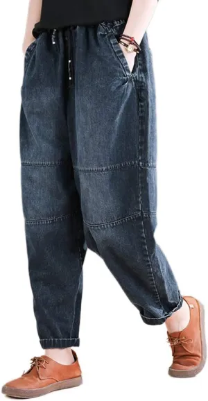 FTCayanz Women's Baggy Jeans Pull On Denim Joggers Elastic Waist Casual Harem Pants with Pockets