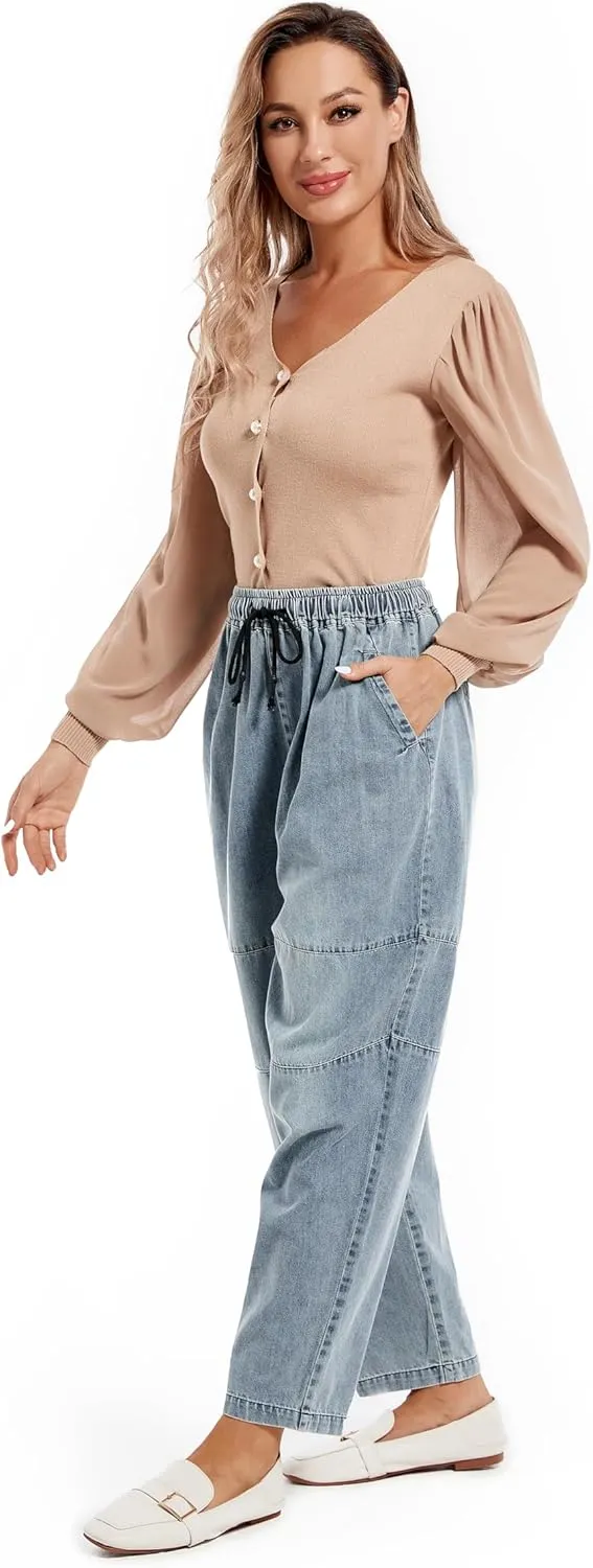 FTCayanz Women's Baggy Jeans Pull On Denim Joggers Elastic Waist Casual Harem Pants with Pockets