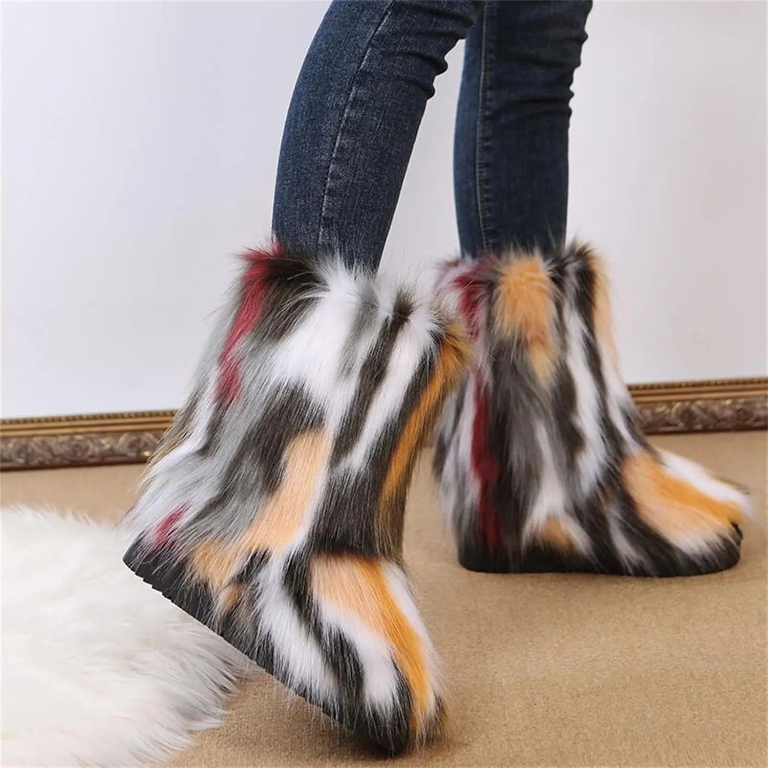 Furry Faux Fur Boots for Women Outdoor Flat Shoes Winter Warm Fuzzy Fluffy Furry Ankle Boots Mid Calf Snow Booties