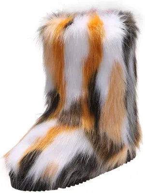 Furry Faux Fur Boots for Women Outdoor Flat Shoes Winter Warm Fuzzy Fluffy Furry Ankle Boots Mid Calf Snow Booties