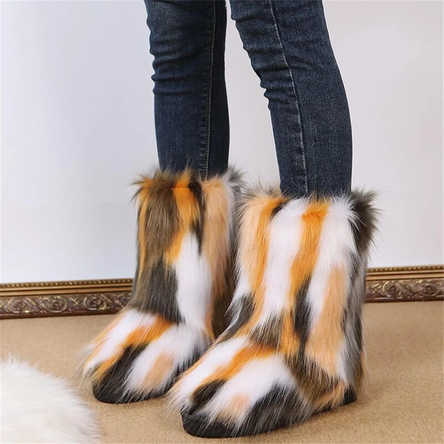 Furry Faux Fur Boots for Women Outdoor Flat Shoes Winter Warm Fuzzy Fluffy Furry Ankle Boots Mid Calf Snow Booties