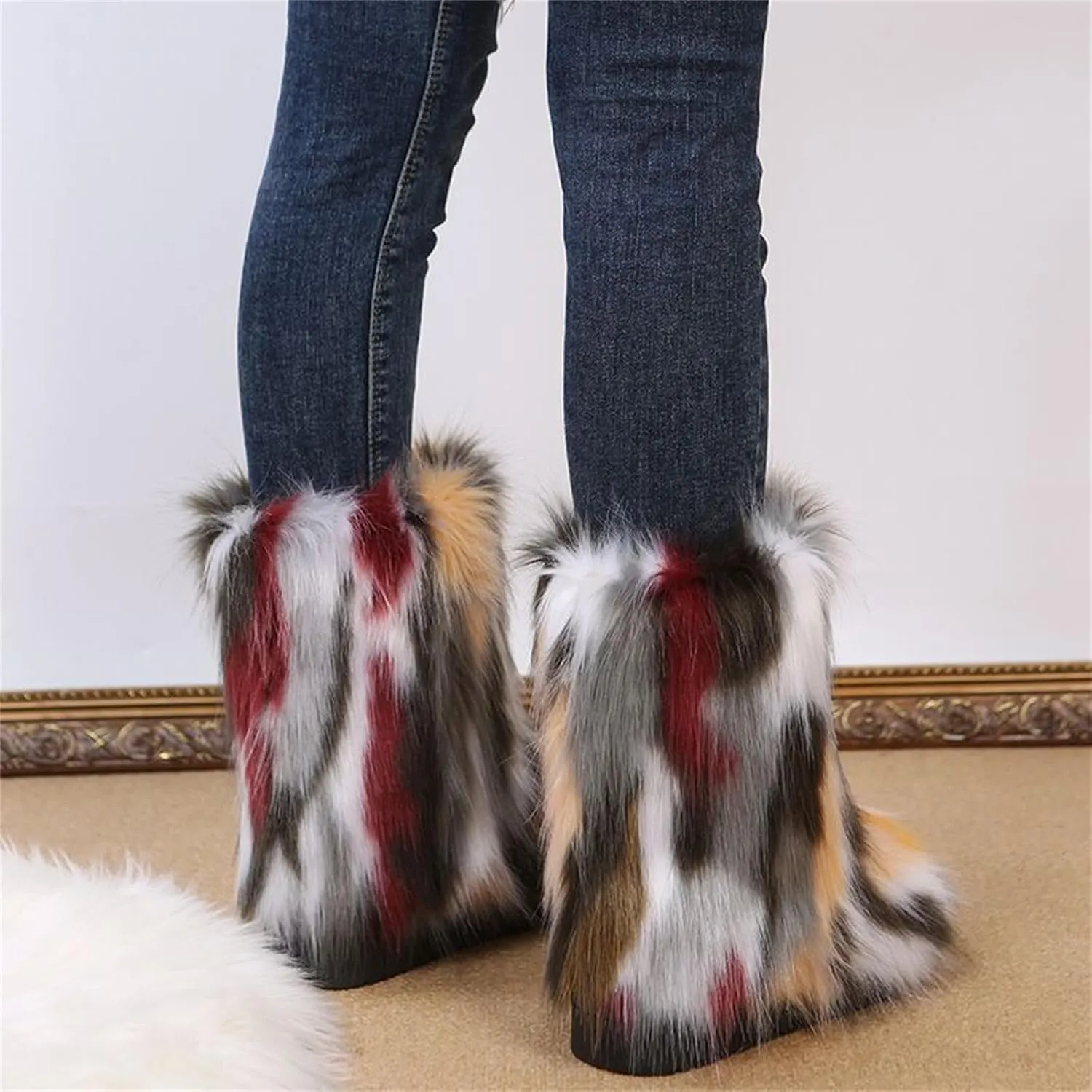 Furry Faux Fur Boots for Women Outdoor Flat Shoes Winter Warm Fuzzy Fluffy Furry Ankle Boots Mid Calf Snow Booties