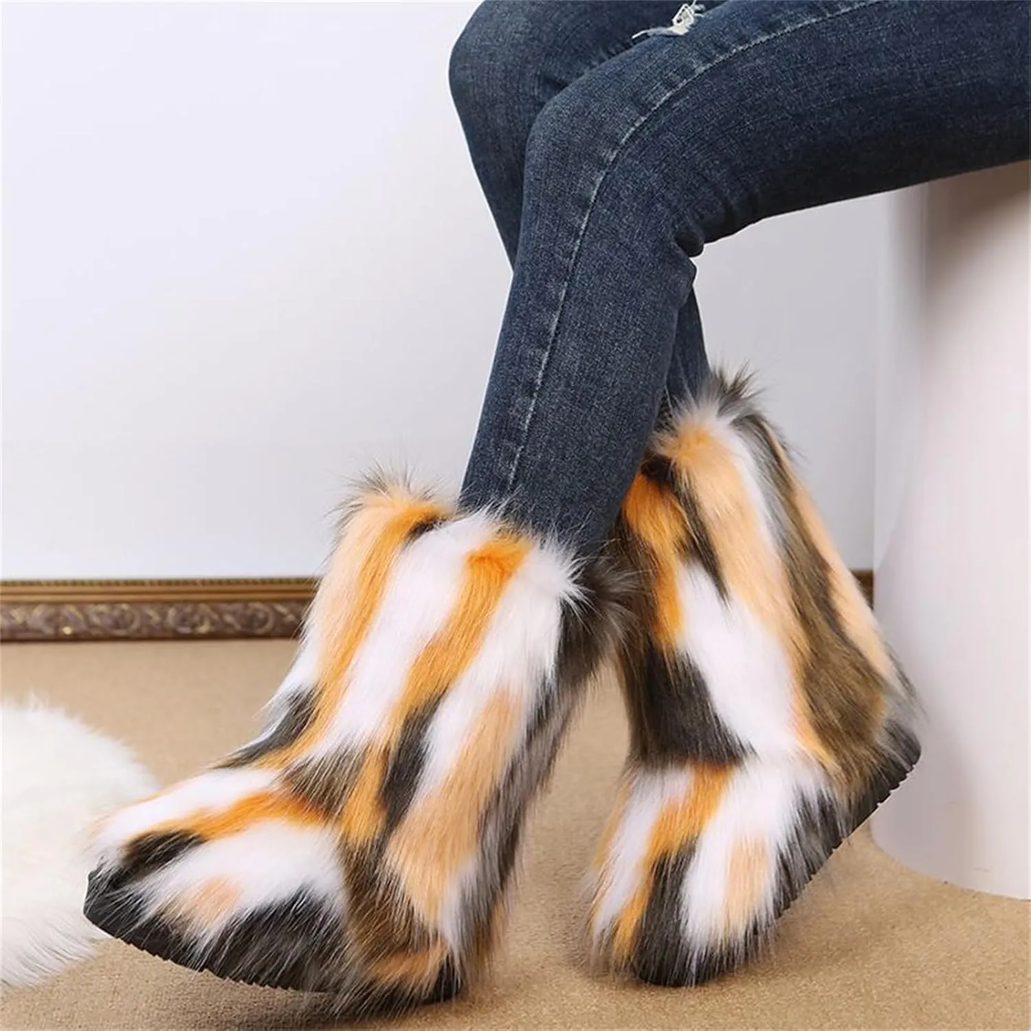 Furry Faux Fur Boots for Women Outdoor Flat Shoes Winter Warm Fuzzy Fluffy Furry Ankle Boots Mid Calf Snow Booties