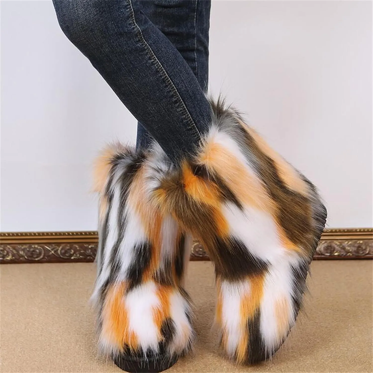 Furry Faux Fur Boots for Women Outdoor Flat Shoes Winter Warm Fuzzy Fluffy Furry Ankle Boots Mid Calf Snow Booties