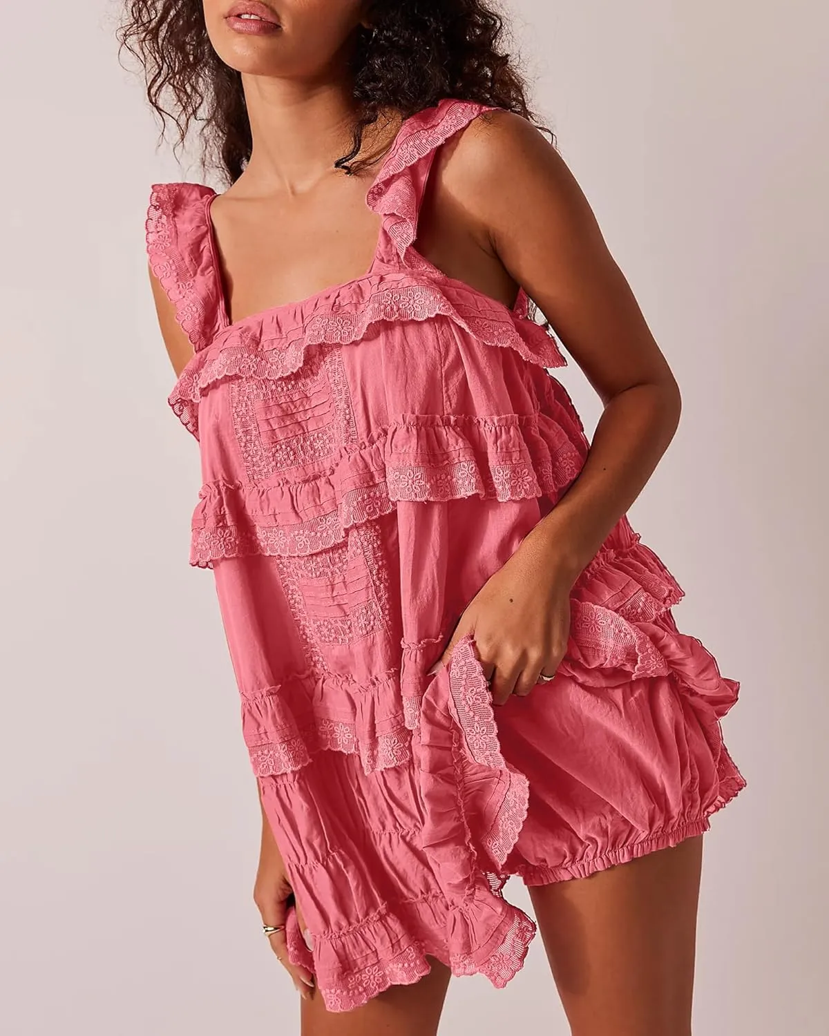 Gacaky Women's Summer Casual Sleeveless Rompers Ruffle Flowy Boho Sun Dress Loose Mini Dress with Built-in Shorts