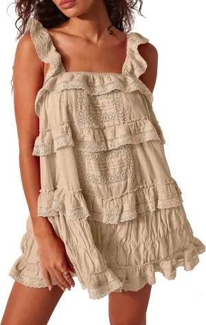 Gacaky Women's Summer Casual Sleeveless Rompers Ruffle Flowy Boho Sun Dress Loose Mini Dress with Built-in Shorts
