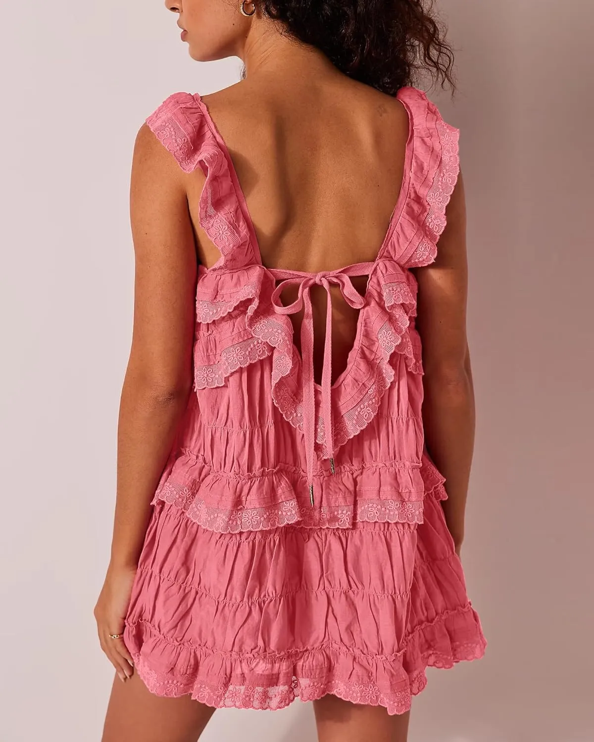 Gacaky Women's Summer Casual Sleeveless Rompers Ruffle Flowy Boho Sun Dress Loose Mini Dress with Built-in Shorts