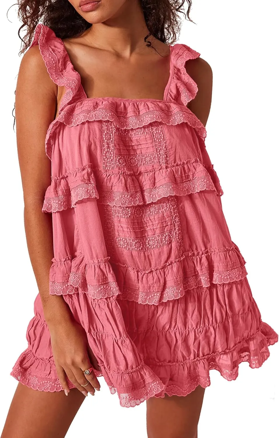 Gacaky Women's Summer Casual Sleeveless Rompers Ruffle Flowy Boho Sun Dress Loose Mini Dress with Built-in Shorts