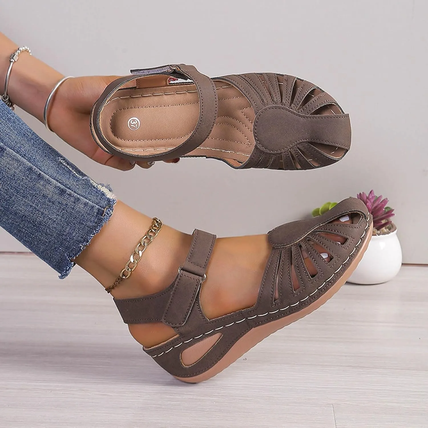 Generic Women's Closed Toe Sandals, Comfortable Orthopedic Arch Support Ankle Strap Dressy Summer Platform Wedge Shoes Walking Casual Orthotic Sandals in Brown