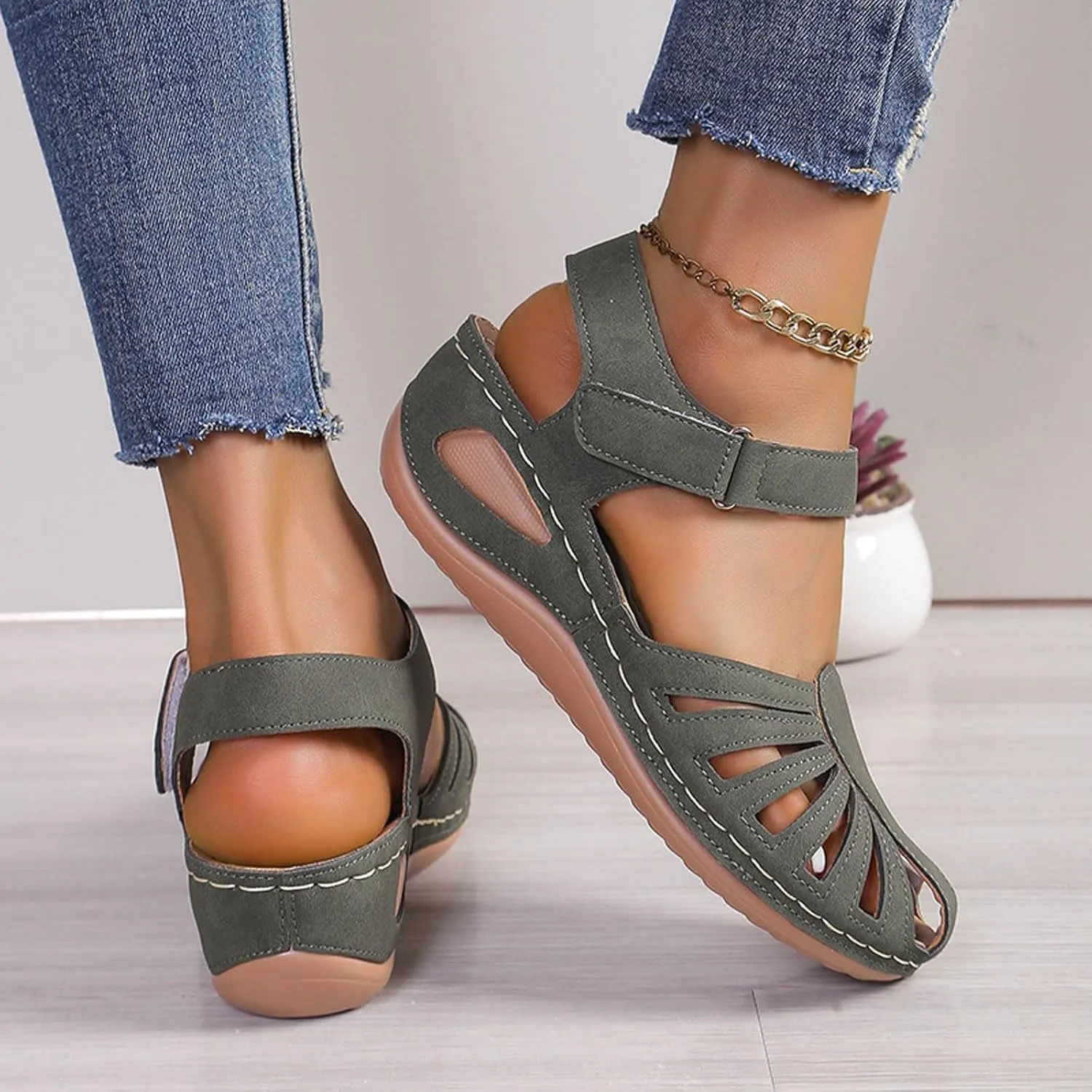 Generic Women's Closed Toe Sandals, Comfortable Orthopedic Arch Support Ankle Strap Dressy Summer Platform Wedge Shoes Walking Casual Orthotic Sandals in Brown