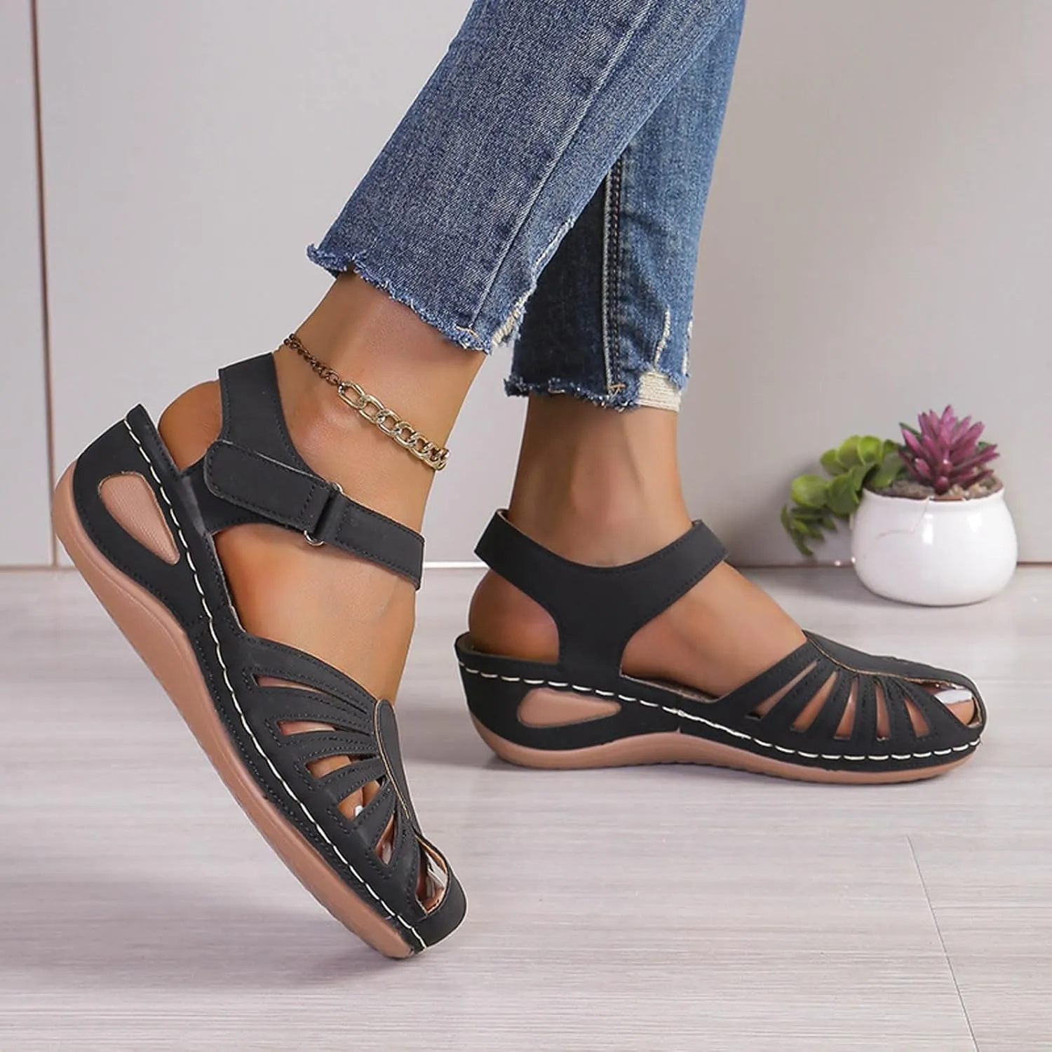 Generic Women's Closed Toe Sandals, Comfortable Orthopedic Arch Support Ankle Strap Dressy Summer Platform Wedge Shoes Walking Casual Orthotic Sandals in Brown