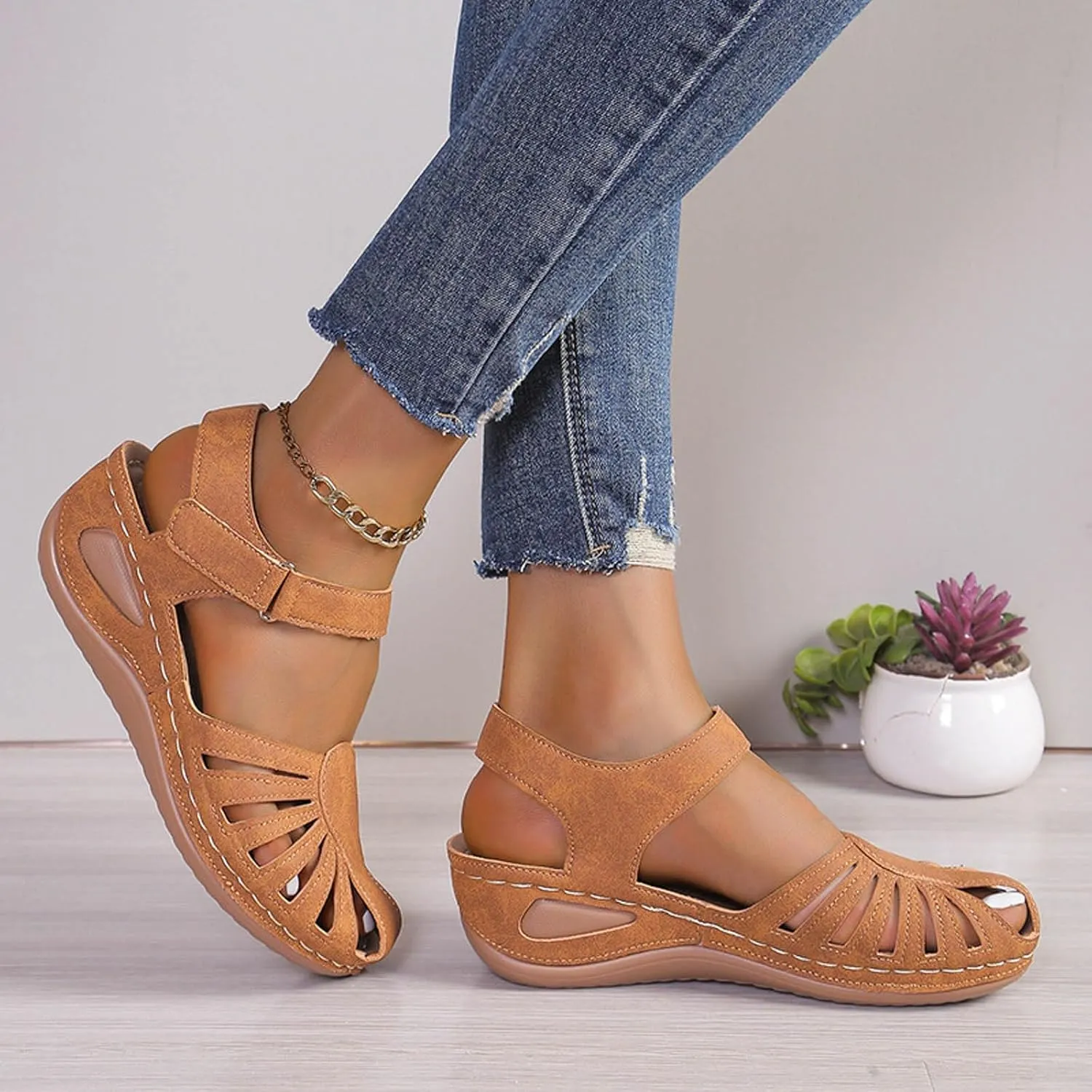 Generic Women's Closed Toe Sandals, Comfortable Orthopedic Arch Support Ankle Strap Dressy Summer Platform Wedge Shoes Walking Casual Orthotic Sandals in Brown