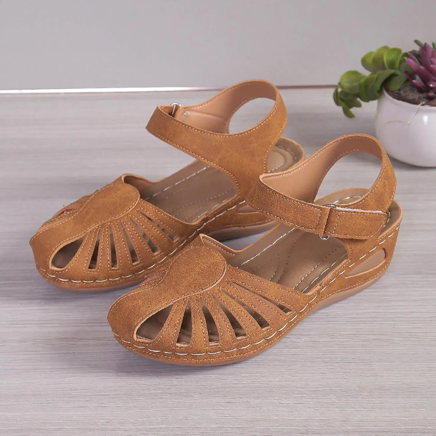 Generic Women's Closed Toe Sandals, Comfortable Orthopedic Arch Support Ankle Strap Dressy Summer Platform Wedge Shoes Walking Casual Orthotic Sandals in Brown