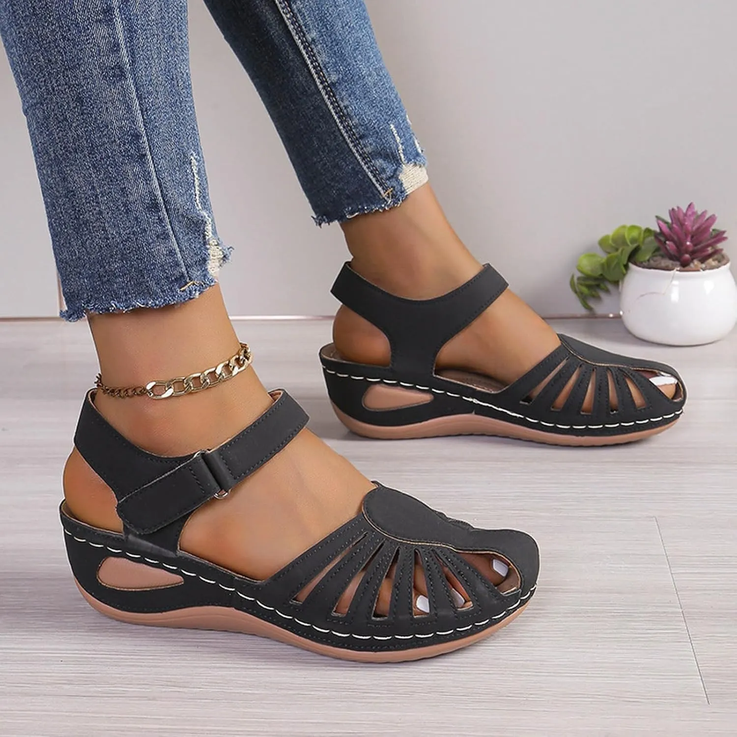 Generic Women's Closed Toe Sandals, Comfortable Orthopedic Arch Support Ankle Strap Dressy Summer Platform Wedge Shoes Walking Casual Orthotic Sandals in Brown