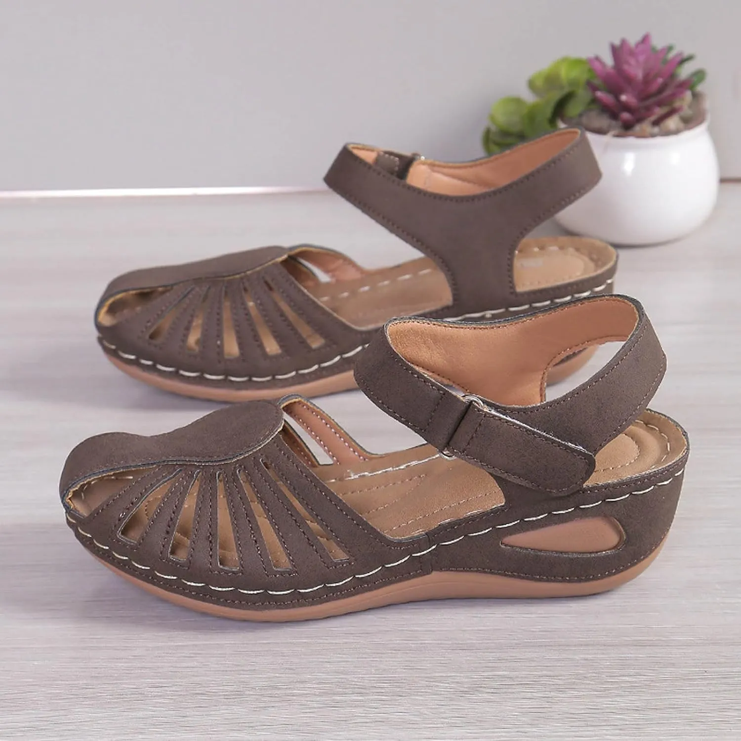 Generic Women's Closed Toe Sandals, Comfortable Orthopedic Arch Support Ankle Strap Dressy Summer Platform Wedge Shoes Walking Casual Orthotic Sandals in Brown