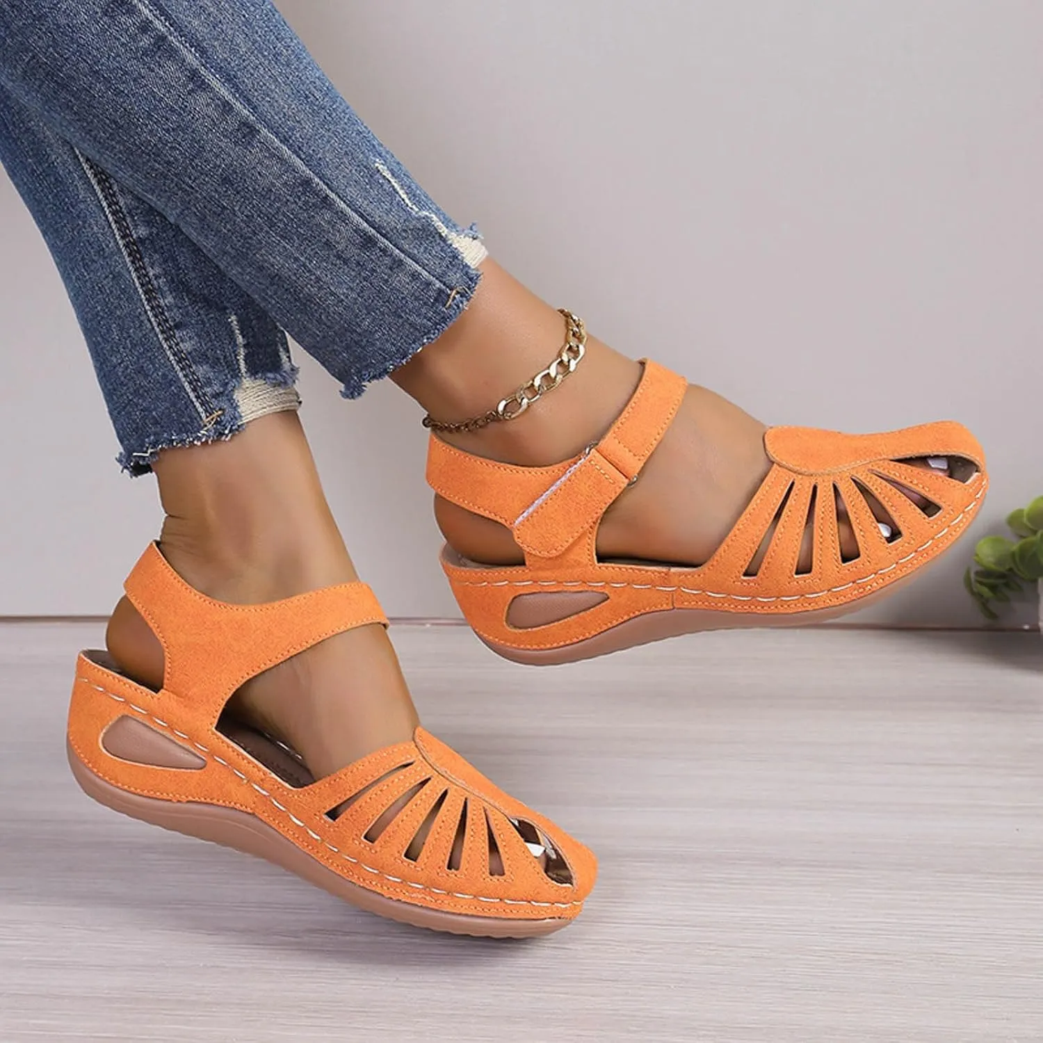 Generic Women's Closed Toe Sandals, Comfortable Orthopedic Arch Support Ankle Strap Dressy Summer Platform Wedge Shoes Walking Casual Orthotic Sandals in Brown