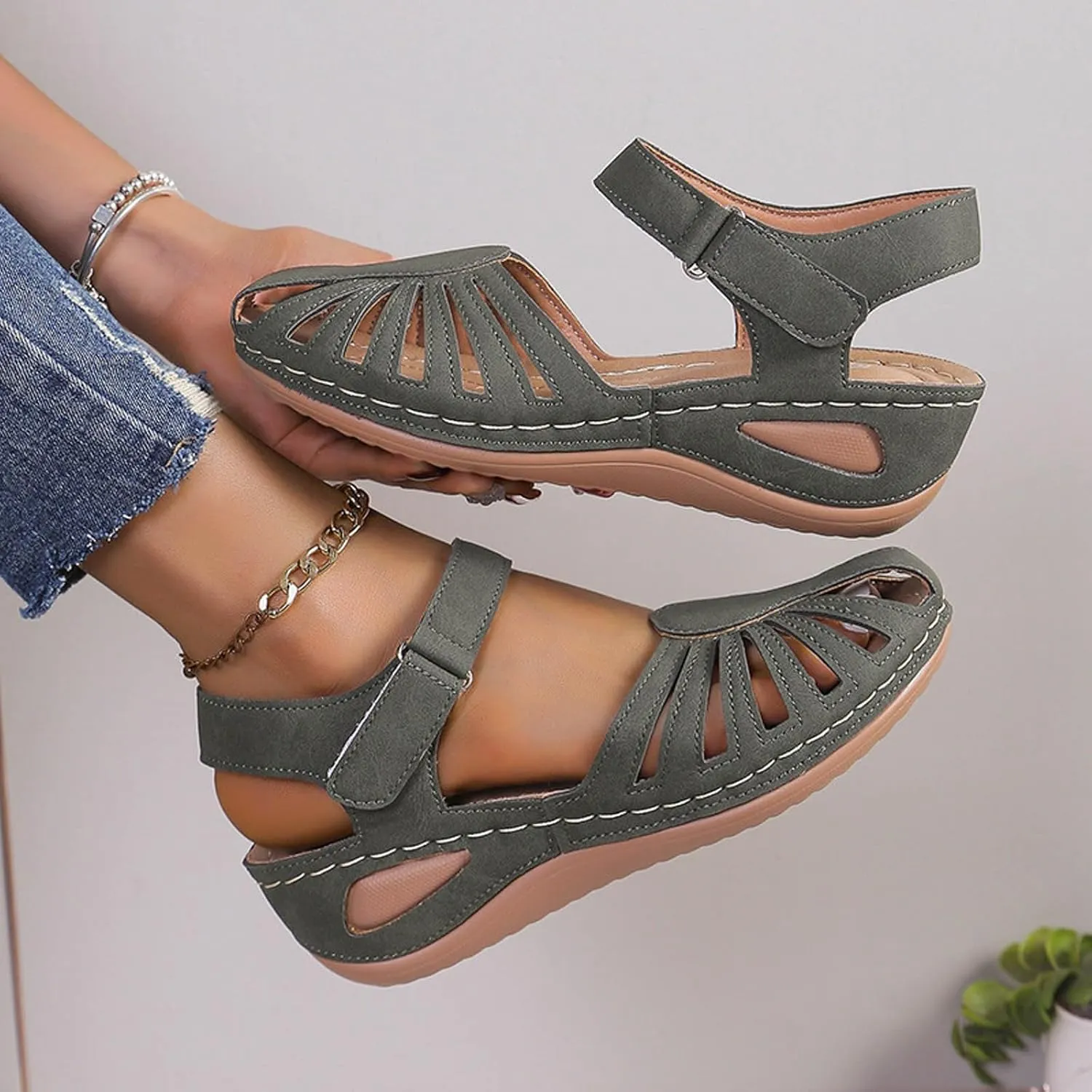 Generic Women's Closed Toe Sandals, Comfortable Orthopedic Arch Support Ankle Strap Dressy Summer Platform Wedge Shoes Walking Casual Orthotic Sandals in Brown