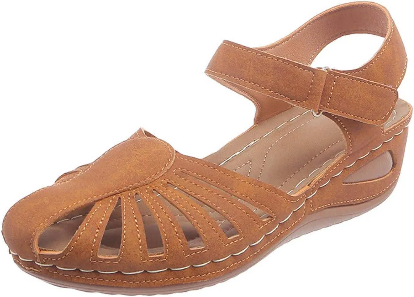 Generic Women's Closed Toe Sandals, Comfortable Orthopedic Arch Support Ankle Strap Dressy Summer Platform Wedge Shoes Walking Casual Orthotic Sandals in Brown