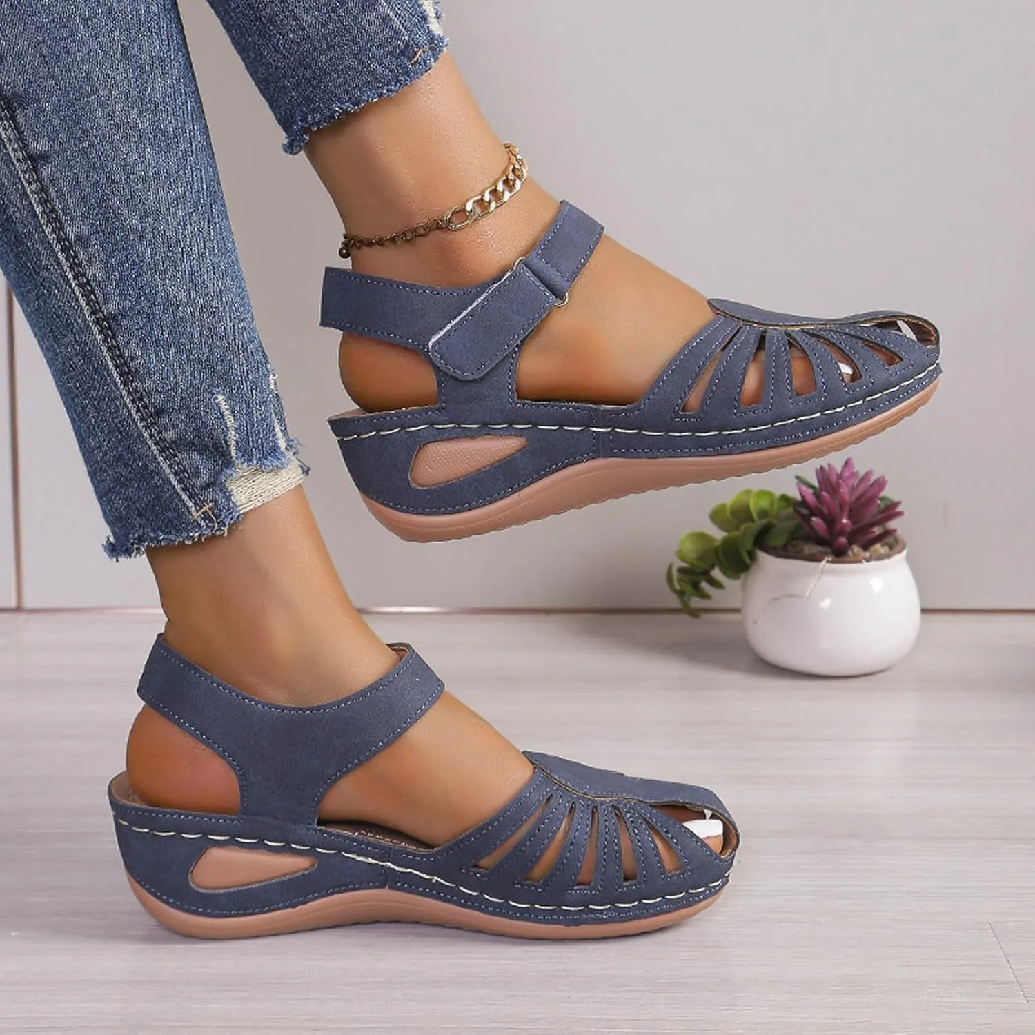 Generic Women's Closed Toe Sandals, Comfortable Orthopedic Arch Support Ankle Strap Dressy Summer Platform Wedge Shoes Walking Casual Orthotic Sandals in Brown