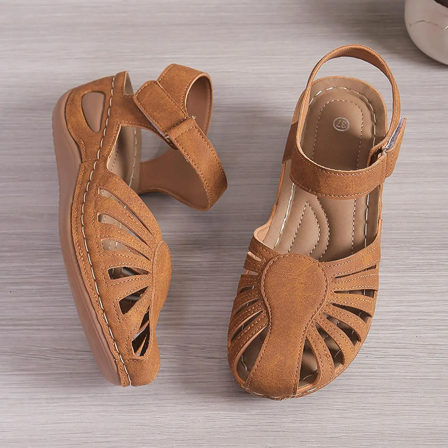 Generic Women's Closed Toe Sandals, Comfortable Orthopedic Arch Support Ankle Strap Dressy Summer Platform Wedge Shoes Walking Casual Orthotic Sandals in Brown