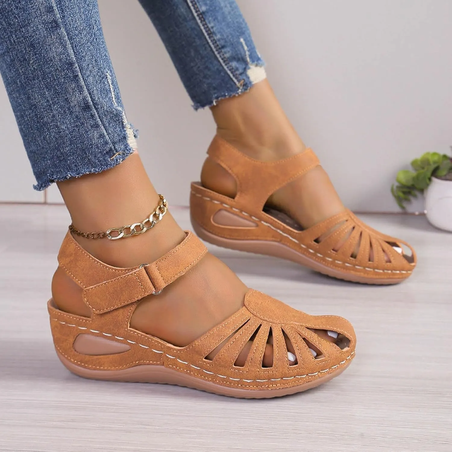 Generic Women's Closed Toe Sandals, Comfortable Orthopedic Arch Support Ankle Strap Dressy Summer Platform Wedge Shoes Walking Casual Orthotic Sandals in Brown