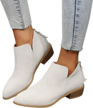 Gibobby Ankle Booties for Women Flat,Hollow Ankle Boots Low Chunky Block Stacked Heel Boots Slip On Pointed Toe Western Shoes