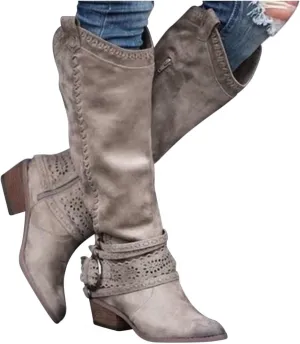 Gibobby Snow Boots for Women Mid Knee High Boots Chunky Heel Wide Calf Side Zip Fashion Winter Cowboy Booties