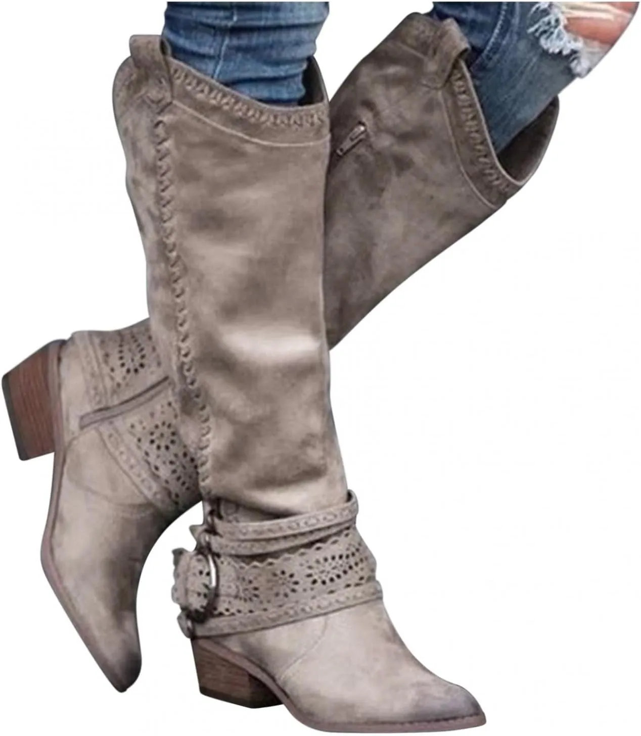 Gibobby Snow Boots for Women Mid Knee High Boots Chunky Heel Wide Calf Side Zip Fashion Winter Cowboy Booties