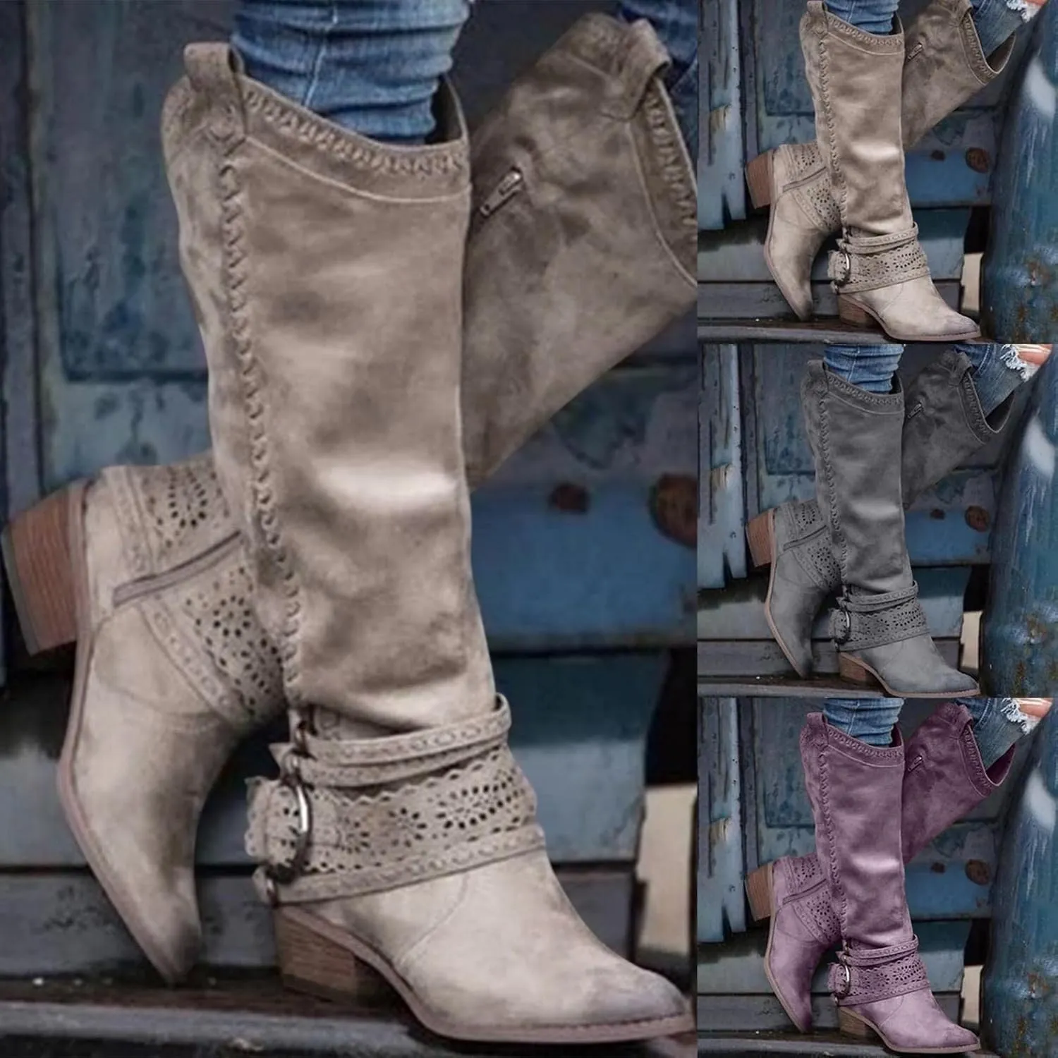 Gibobby Snow Boots for Women Mid Knee High Boots Chunky Heel Wide Calf Side Zip Fashion Winter Cowboy Booties