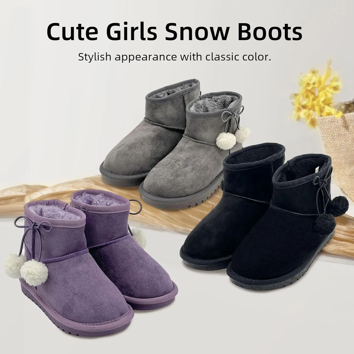 Girls Boots Kids Winter Snow Boots Faux Fur Lined Short Boots Fuzzy Warm Ankle Shoes for Little Big Kids Girls