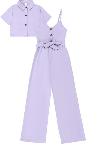 Girls Jumpsuit Summer Outfits Kid Crop Top Short Sleeve Halter Belted Romper Tween Girl Cute Clothing Set Size 8-12
