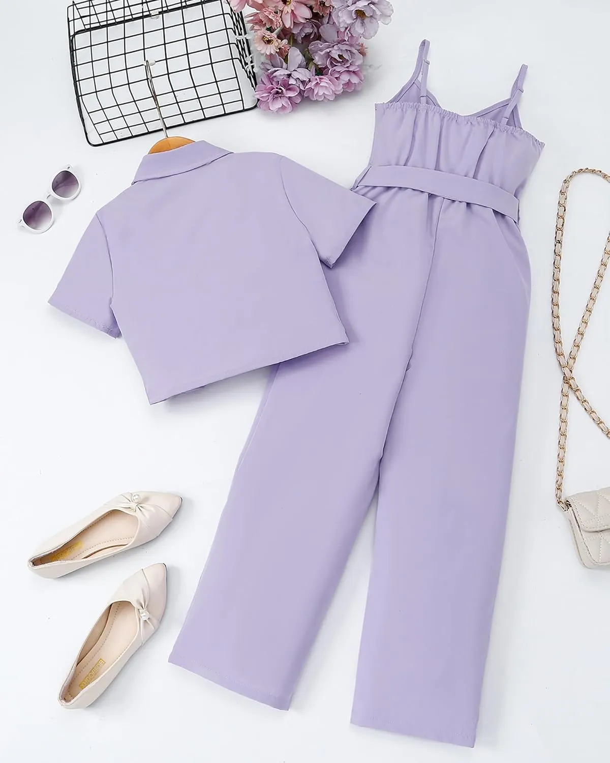 Girls Jumpsuit Summer Outfits Kid Crop Top Short Sleeve Halter Belted Romper Tween Girl Cute Clothing Set Size 8-12
