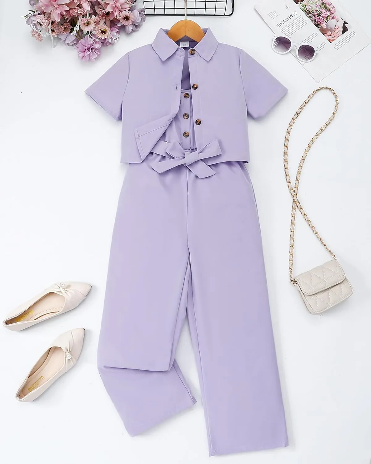 Girls Jumpsuit Summer Outfits Kid Crop Top Short Sleeve Halter Belted Romper Tween Girl Cute Clothing Set Size 8-12