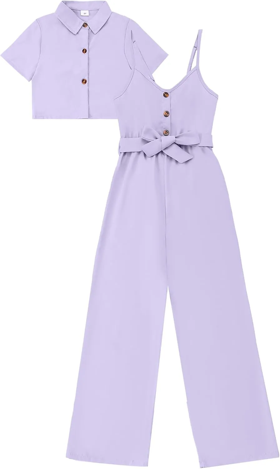 Girls Jumpsuit Summer Outfits Kid Crop Top Short Sleeve Halter Belted Romper Tween Girl Cute Clothing Set Size 8-12