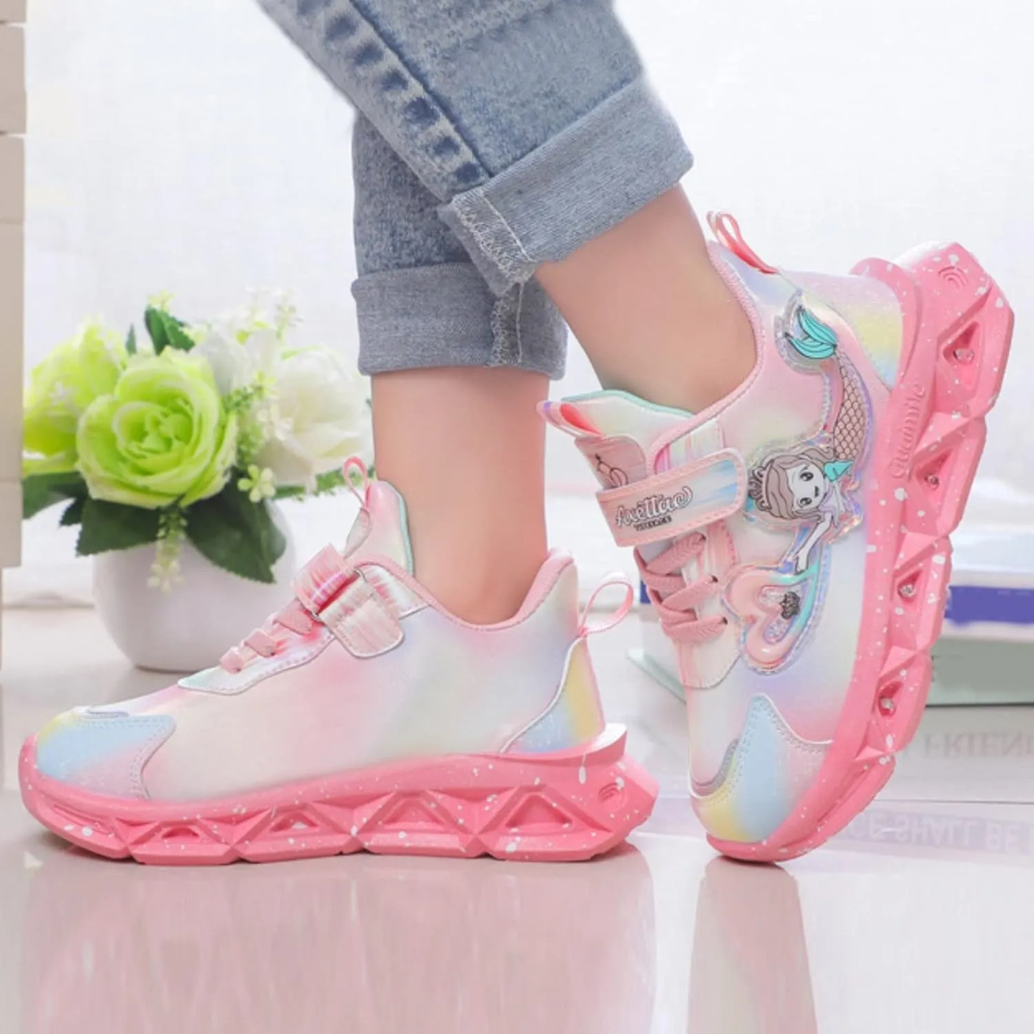 Girls’ Princess Shoes Slip On Light-Up Sneakers Mermai𝐝 Shoes Breathable Mesh Sneakers Lightweight Running Shoes