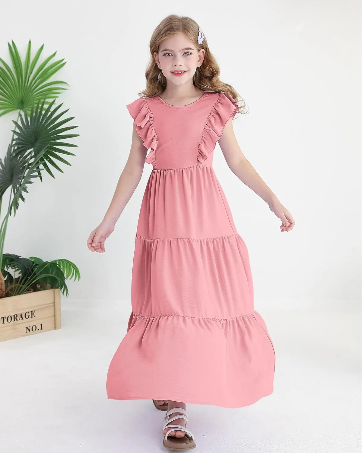Girls Summer Dresses Tween Tie Back Ruffle Sleeve Kids Swing Flowy Casual Beach Maxi Dress
