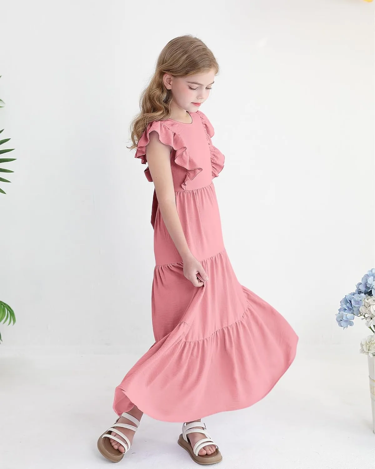 Girls Summer Dresses Tween Tie Back Ruffle Sleeve Kids Swing Flowy Casual Beach Maxi Dress