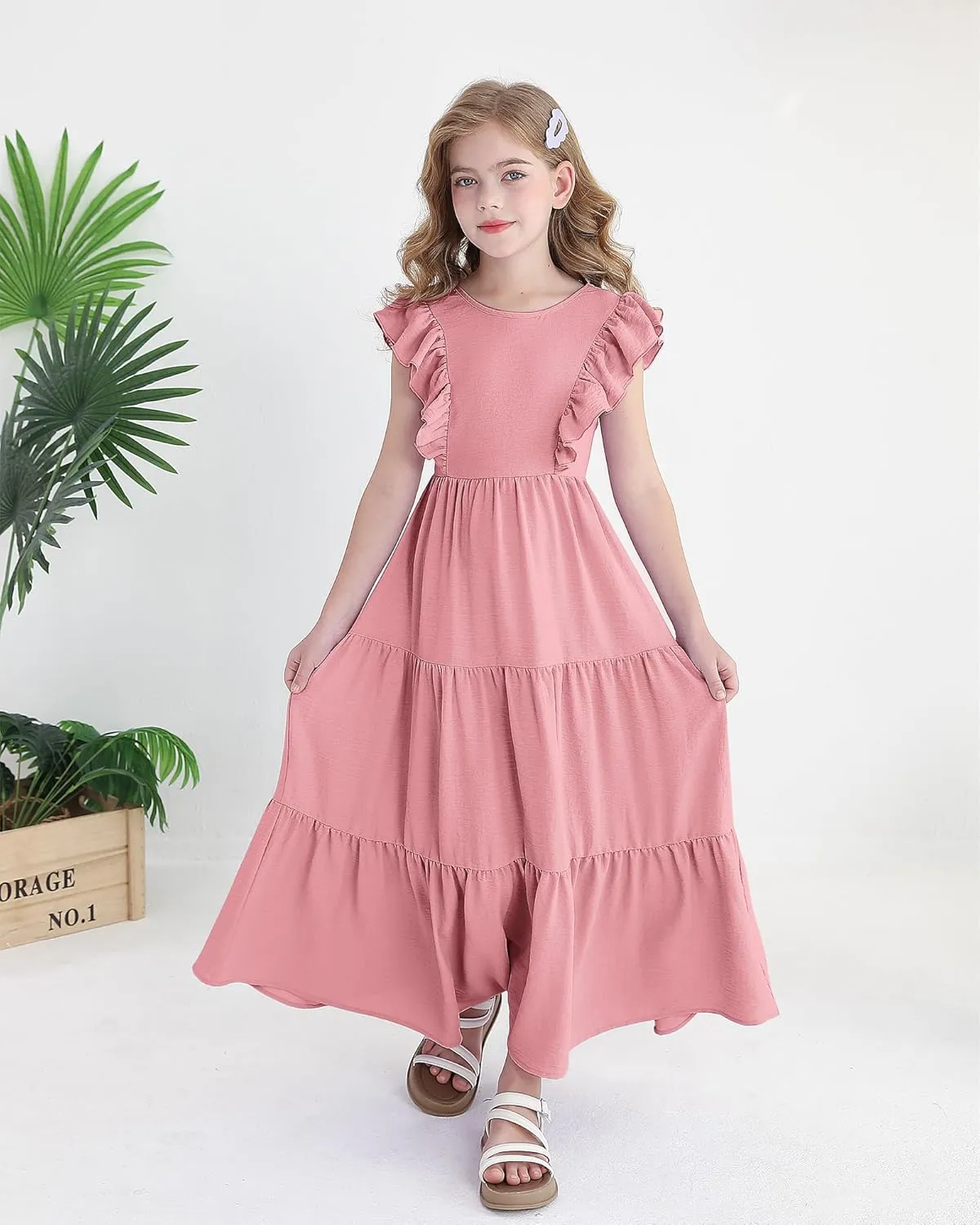 Girls Summer Dresses Tween Tie Back Ruffle Sleeve Kids Swing Flowy Casual Beach Maxi Dress