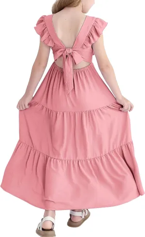 Girls Summer Dresses Tween Tie Back Ruffle Sleeve Kids Swing Flowy Casual Beach Maxi Dress