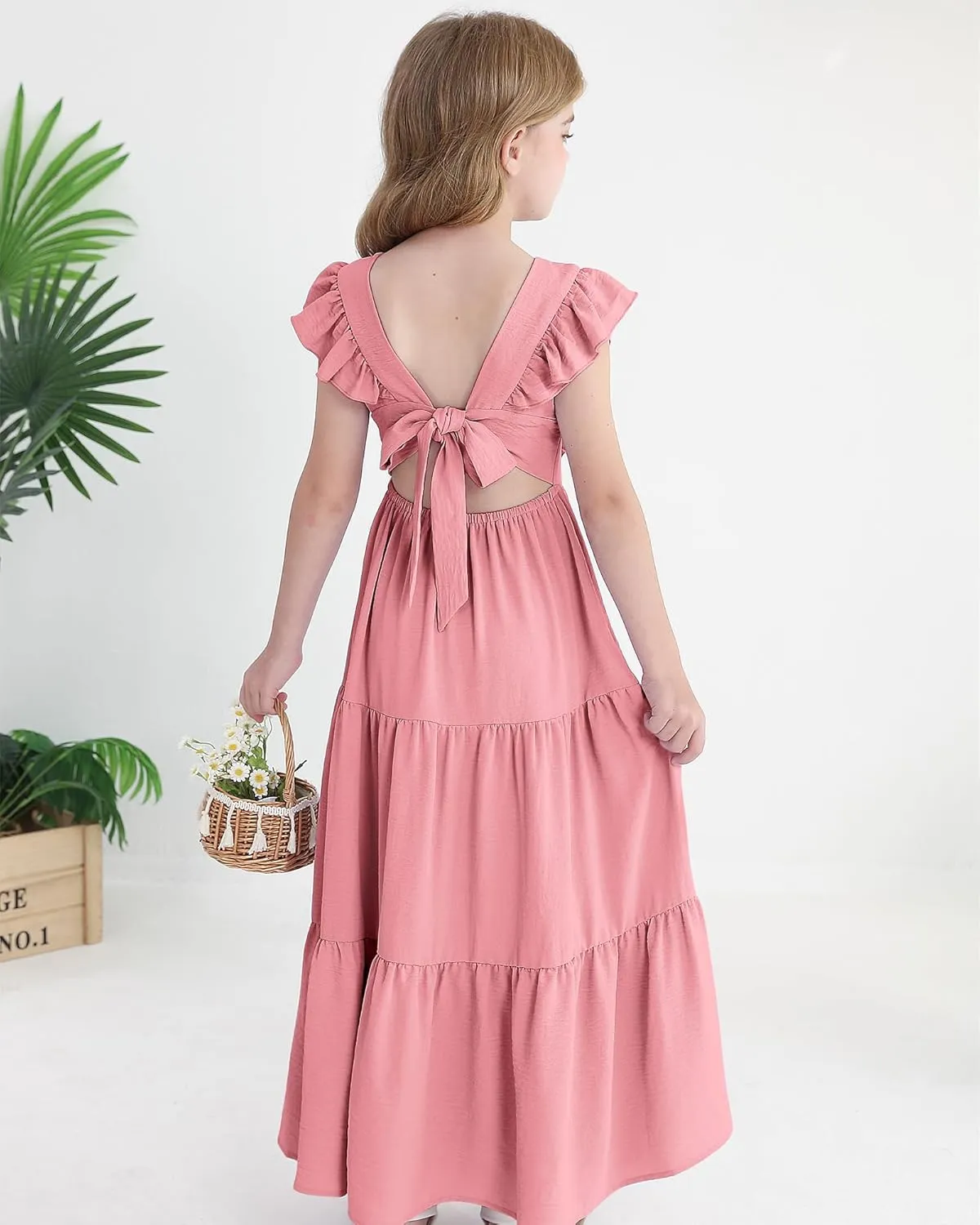Girls Summer Dresses Tween Tie Back Ruffle Sleeve Kids Swing Flowy Casual Beach Maxi Dress