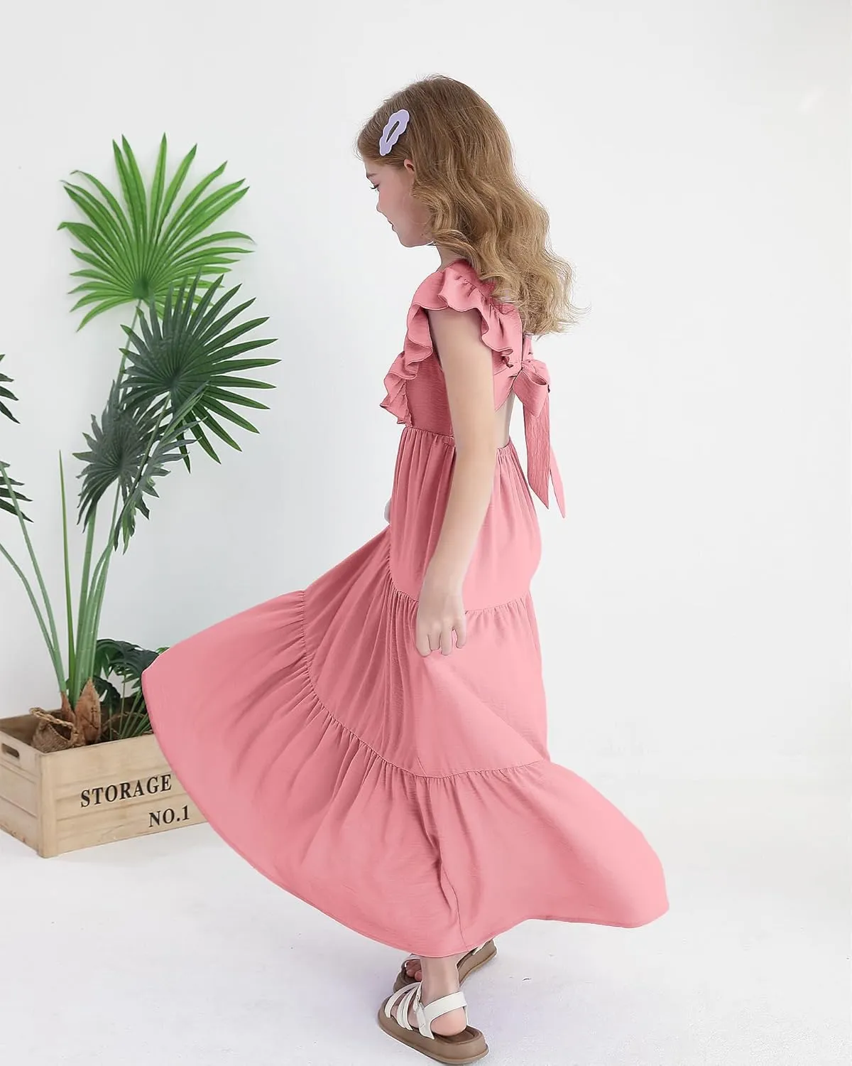 Girls Summer Dresses Tween Tie Back Ruffle Sleeve Kids Swing Flowy Casual Beach Maxi Dress