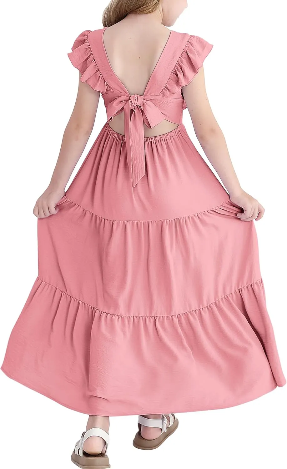 Girls Summer Dresses Tween Tie Back Ruffle Sleeve Kids Swing Flowy Casual Beach Maxi Dress