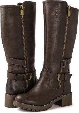 GLOBALWIN Women's Knee High Boots Tall Fashion Riding Boots For Women With Side Zipper Chunky Low Heel