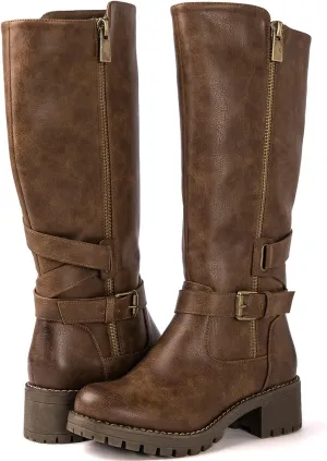 GLOBALWIN Women's Knee High Boots Tall Fashion Riding Boots For Women With Side Zipper Chunky Low Heel