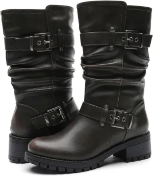 GLOBALWIN Women's Mid Calf Dress Boots Biker Motorcycle Riding Boots Women For Women